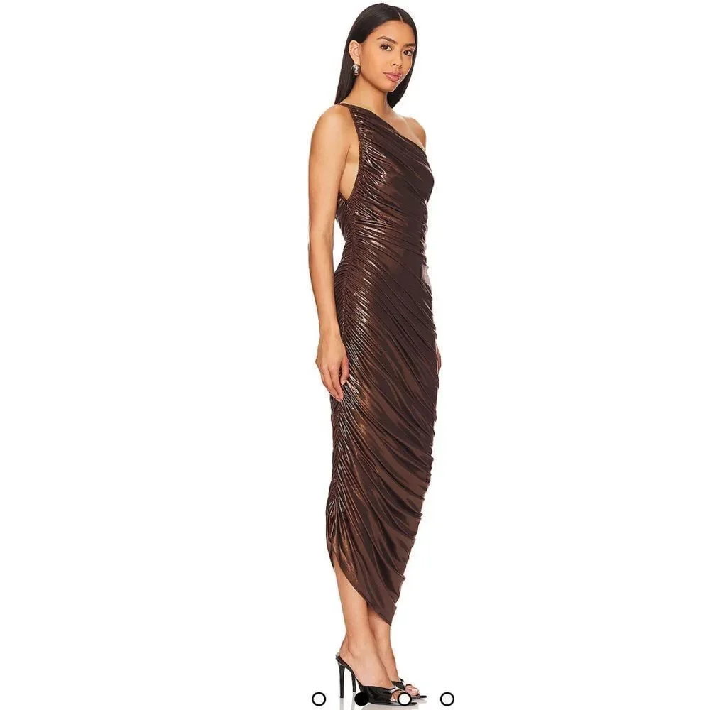 NWT Norma Kamali Diana Metallic Ruched One-Shoulder Gown Small